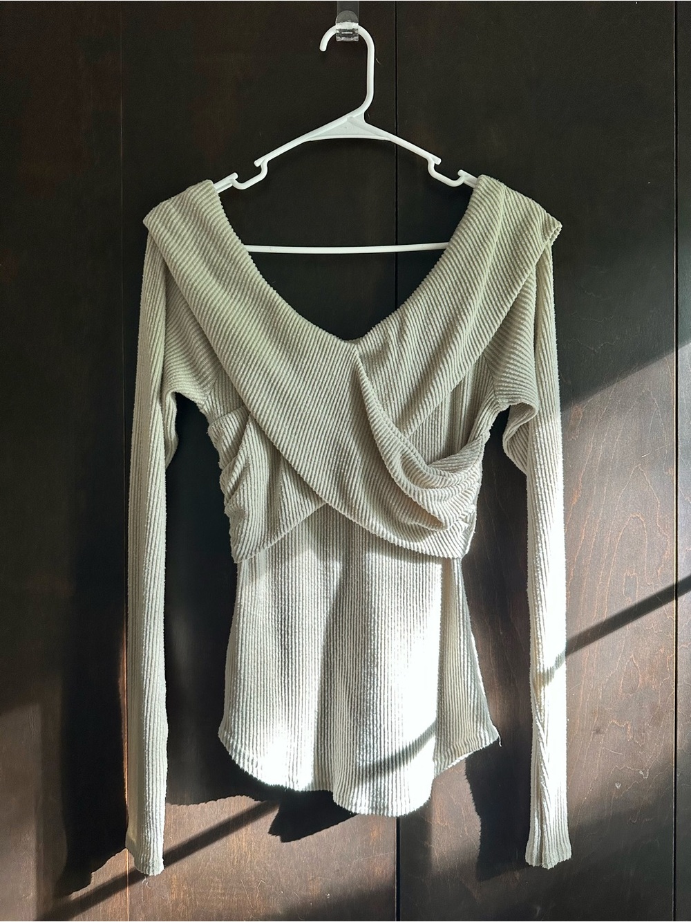 Free People Off-Shoulder Light Taupe Ribbed Knit Draped Sweater Top